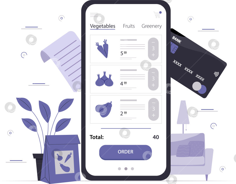 Скачать Онлайн-покупки продуктов. Заказывайте продукты онлайн из приложения на смартфоне. Баннер или фон со смартфоном, мобильным приложением, пакетом с едой, кредитной картой, домашним декором, квитанцией. Сиреневые цвета. Векторная иллюстрация. фотосток Ozero