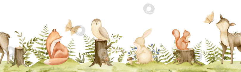 Скачать Бесшовная рамка с лесными животными для детских обоев. Нарисованная от руки акварельная иллюстрация лесного узора с оленем, лисой и кроликом на изолированном фоне. Рисунок рамки для детского дизайна фотосток Ozero