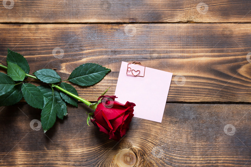 Скачать Красная роза на деревянном фоне с копировальным пространством и наклейкой со скрепкой и сердечком, напоминание на листе для заметок. Подарок женщине на праздник, приглашение на свидание, День святого Валентина, знак любви фотосток Ozero