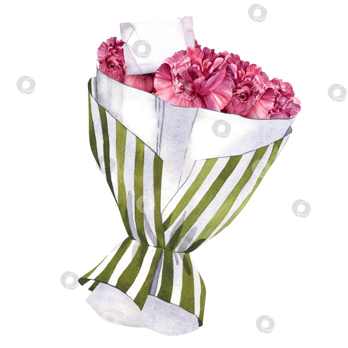 Скачать Розовые гвоздики Милый букет цветов в упаковке с пожеланием на записке Акварельная иллюстрация для цветочного магазина фотосток Ozero