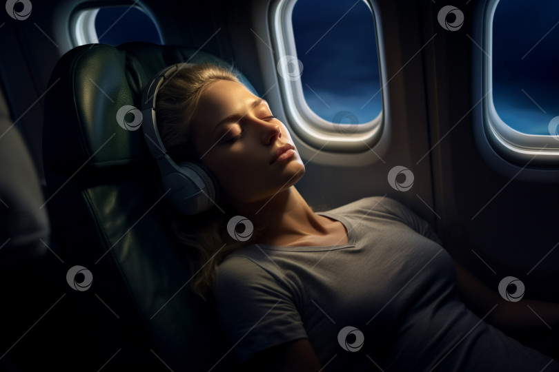 Скачать Молодая девушка в наушниках спит в кресле самолета фотосток Ozero