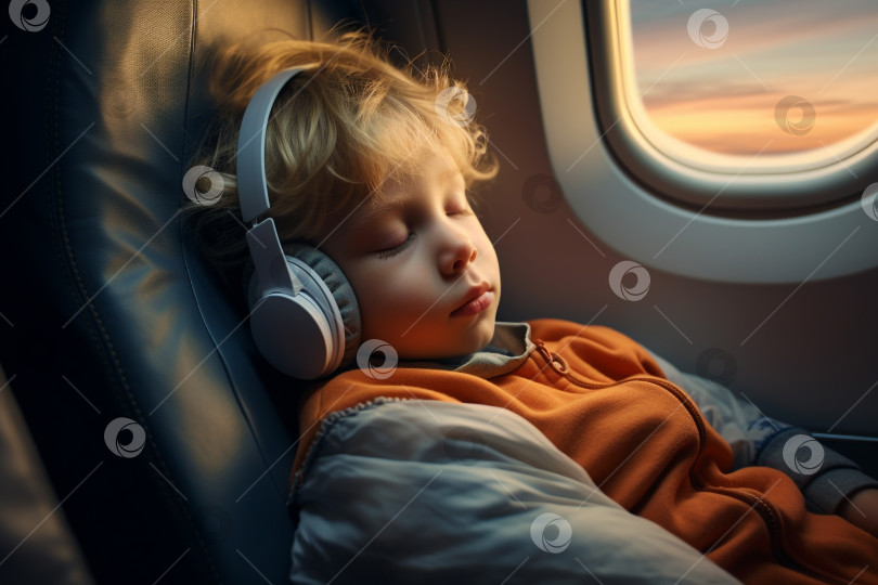 Скачать Мальчик в наушниках спит в кресле пассажирского самолета фотосток Ozero