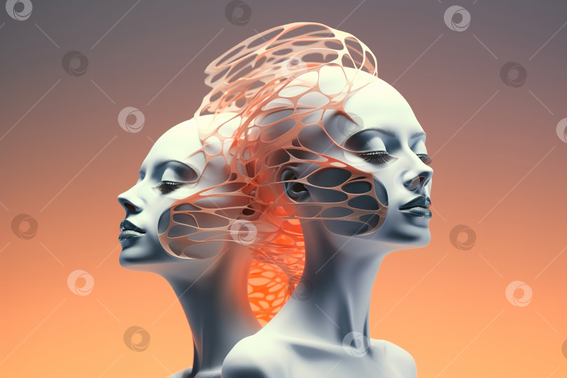 Скачать Клонирование, близнецы, научная концепция генетической биологии. Две женские головы, переплетенные вместе, сюрреалистическая иллюстрация фотосток Ozero