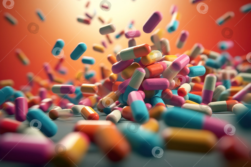 Скачать Падают цветные таблетки-капсулы, много лекарств. Иллюстрация к фармацевтическим препаратам фотосток Ozero