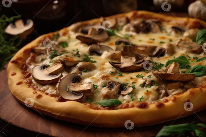 Скачать Пицца с грибами на деревянной доске. Крупный план, выборочный фокус фотосток Ozero