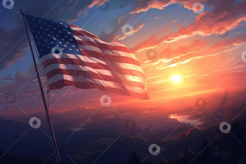 Скачать Американский флаг на флагштоке развевается на фоне пейзажа на закате, иллюстрация. Концепция дня независимости США, дня патриота фотосток Ozero