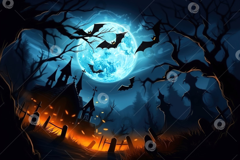 Скачать Иллюстрация мистического ужаса на Хэллоуин. Летучие мыши, заброшенный таинственный дом, полная луна ночью фотосток Ozero