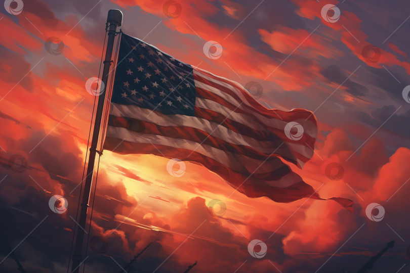 Скачать Американский флаг на флагштоке развевается на фоне красного от заката неба. Концепция иллюстрации дня независимости США, дня патриота фотосток Ozero