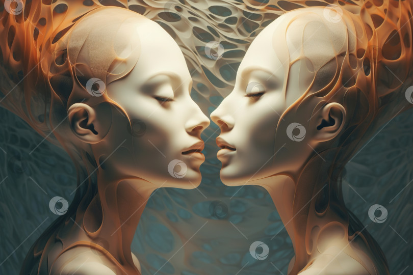 Скачать Клонирование, близнецы, концепция генетической биологии. Профиль двух женщин с соединенными головами, сюрреалистическая иллюстрация фотосток Ozero