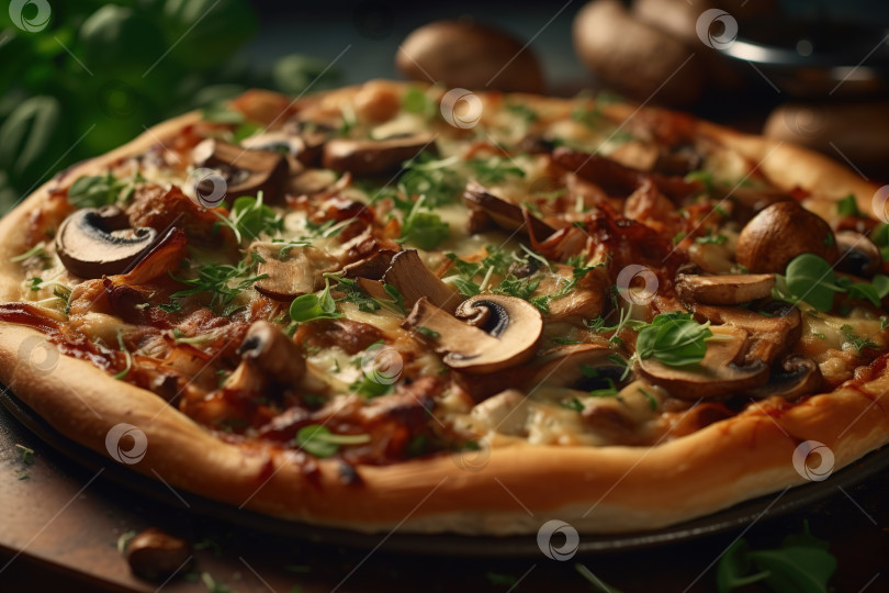 Скачать Вкусная пицца с грибами, сыром и зеленью на тонком тесте, традиционная итальянская кухня крупным планом фотосток Ozero