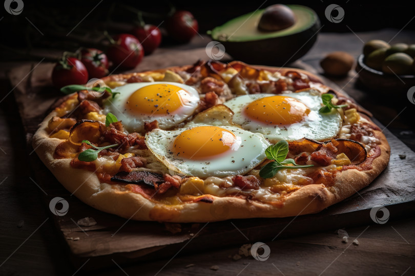 Скачать Свежая домашняя пицца с яйцом и зеленью на деревянной доске с ингредиентами, завтрак фотосток Ozero