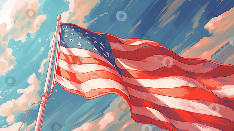 Скачать Яркая аниме-иллюстрация американского флага на флагштоке, развевающегося на фоне неба в течение дня фотосток Ozero