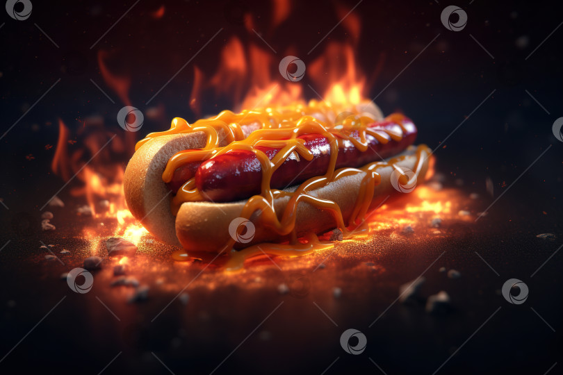 Скачать Сочный острый хот-дог, сосиска в булочке на фоне пламени фотосток Ozero
