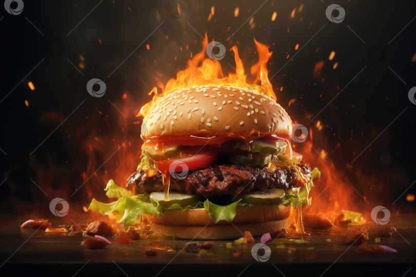 Скачать Обжигающий большой сочный острый бургер с соусом, котлетой и овощами фотосток Ozero