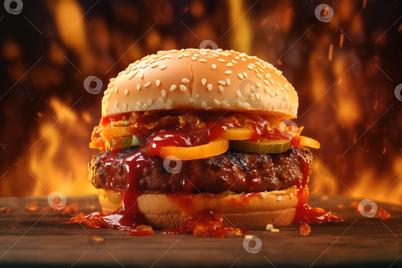 Скачать Сочный горячий бургер с острым соусом, котлетой и овощами на фоне пламени фотосток Ozero