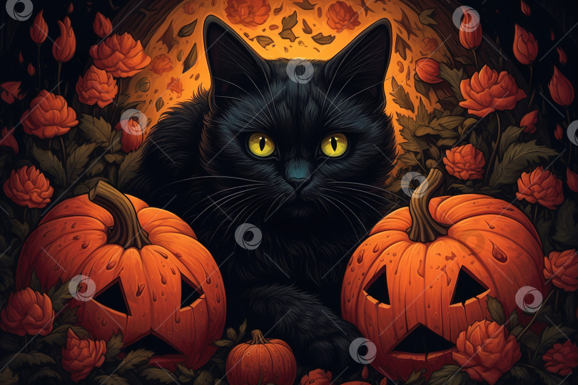 Скачать Мистический черный кот, украшенный жуткими хэллоуинскими тыквами и цветами. Художественная иллюстрация Хэллоуина фотосток Ozero