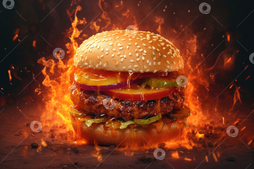 Скачать Большой сочный острый бургер с соусом на огне. Бутерброд с котлетой на фоне пламени фотосток Ozero