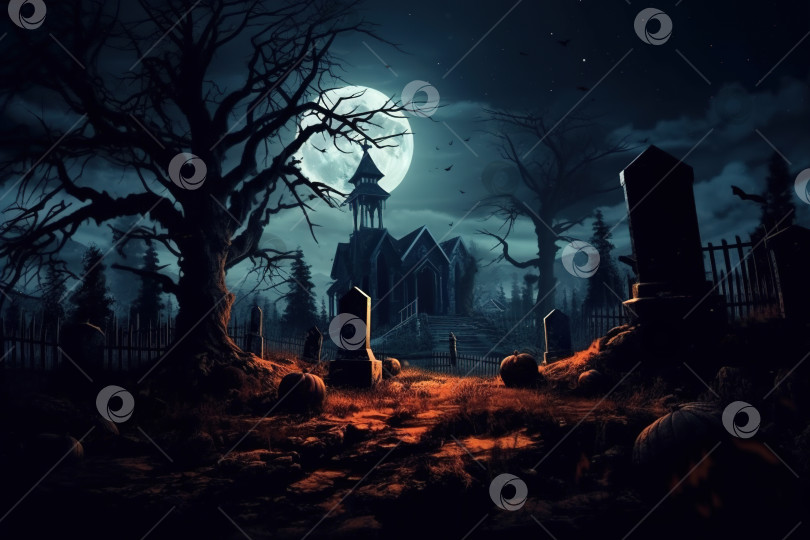 Скачать Тема Хэллоуина, кладбище и заброшенный старый дом в полнолуние ночью. Иллюстрация фотосток Ozero