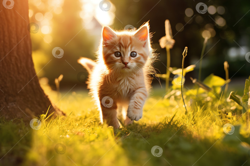 Скачать Милый котенок бегает по зеленой траве солнечным летним днем, активная кошка играет на открытом воздухе фотосток Ozero