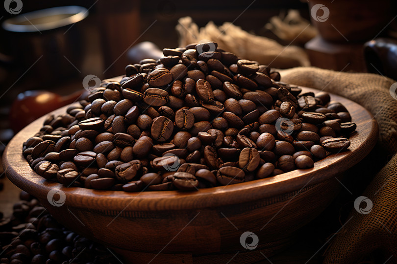 Скачать Горсть обжаренных зерен темно-кофейного цвета в деревянной миске фотосток Ozero