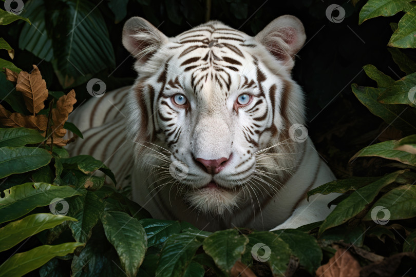 Скачать Тигр-альбинос с белым мехом лежит в лесу и смотрит в камеру. Портрет редкого экзотического животного в природе фотосток Ozero