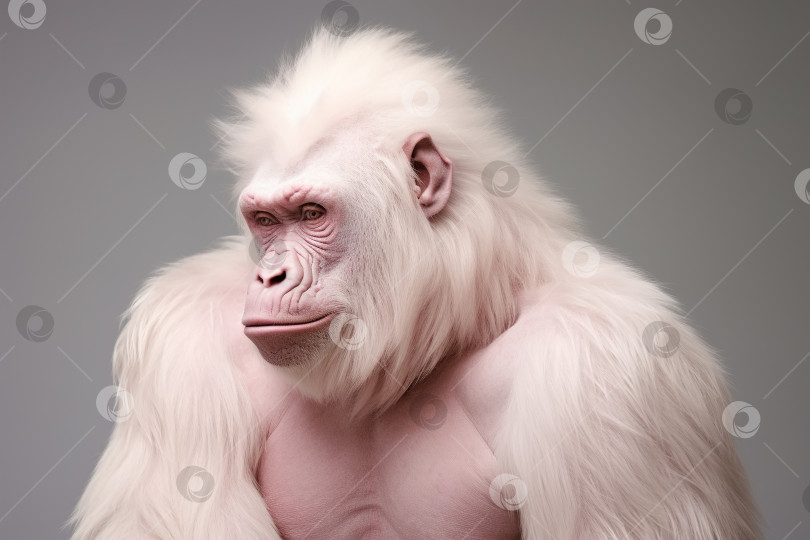 Скачать Горилла-альбинос с розовой кожей и белым мехом. Портрет редкого животного -примата обезьяны на заднем плане фотосток Ozero