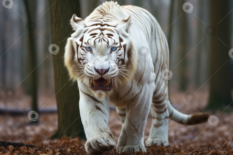 Скачать Тигр-альбинос с белым мехом в лесу. Портрет редкого экзотического животного, опасного хищника в природе фотосток Ozero