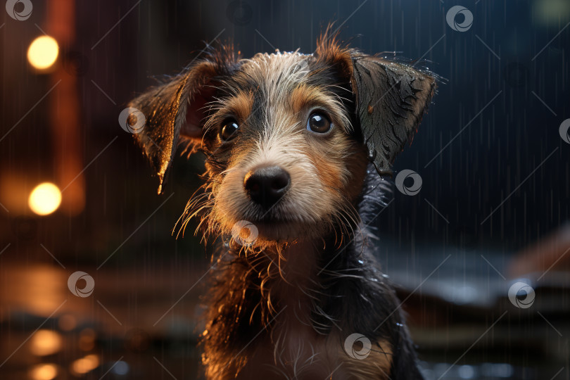 Скачать Одинокий грустный потерянный щенок на улице дождливой ночью на открытом воздухе, портрет домашнего животного фотосток Ozero