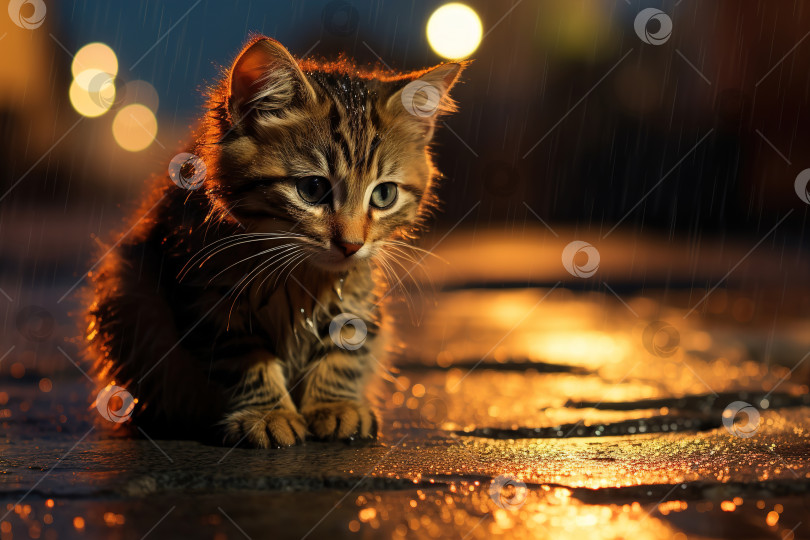 Мокрый грустный страдающий котенок на улице дождливой ночью, одинокое  бездомное животное - Ozero - российский фотосток