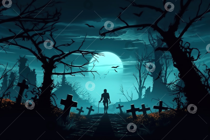 Скачать Хэллоуин, силуэт кладбища и скелет, идущий на фоне луны. Мистическая иллюстрация фотосток Ozero