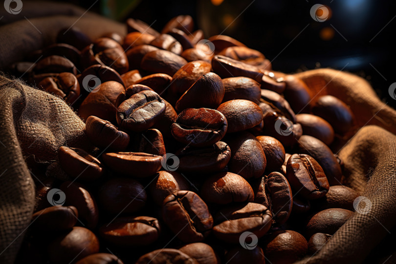 Скачать Горка обжаренных зерен темно-кофейного цвета в пакетике, солнечный контрастный свет фотосток Ozero