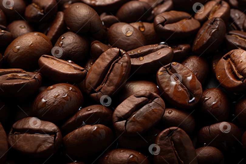 Скачать Кофе в коричневых обжаренных зернах с каплями воды, макро фотосток Ozero