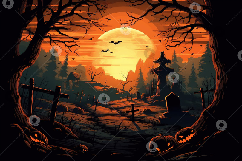 Скачать Мистическая иллюстрация Хэллоуина, кладбище и тыквы в желтое полнолуние ночью фотосток Ozero