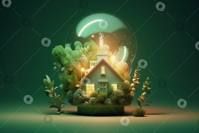 Скачать Концепция экоэнергетики. Зеленый домик в виде светящейся лампочки фотосток Ozero