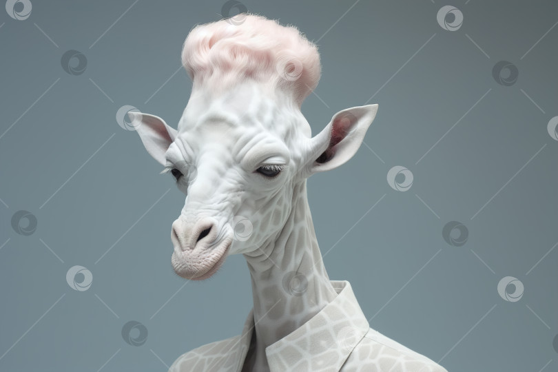 Стильный жираф-альбинос с розовой прической, студийный портрет  экзотического белого редкого животного - Ozero - российский фотосток