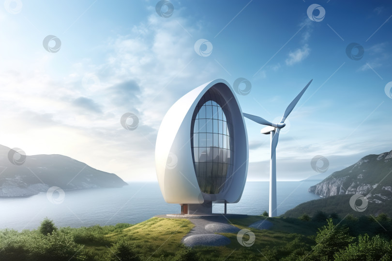 Скачать Современная футуристическая архитектура, экологически чистый загородный дом с ветрогенераторами, альтернативная энергетика фотосток Ozero