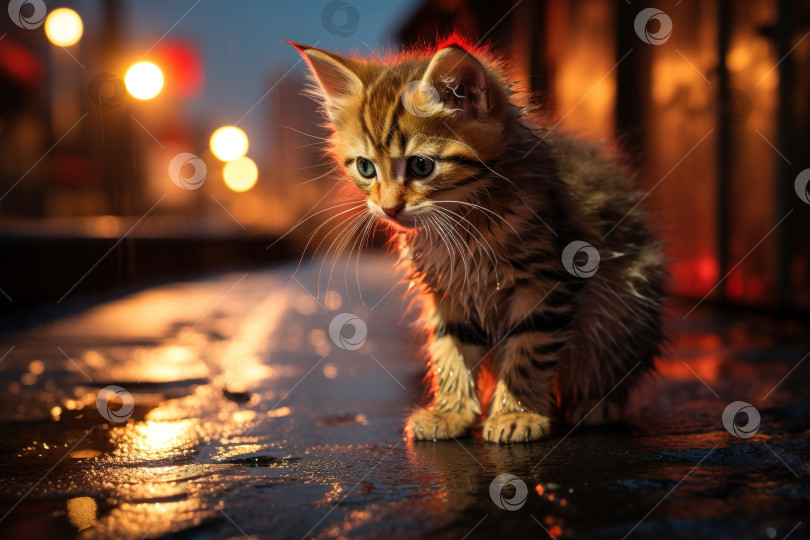 Скачать Мокрый грустный страдающий рыжий котенок на улице, одинокое бездомное животное кошка ночью фотосток Ozero