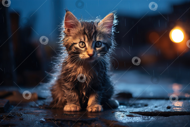 Одинокий маленький пушистый котенок на улице, бездомный или потерявшийся  домашний кот ночью - Ozero - российский фотосток