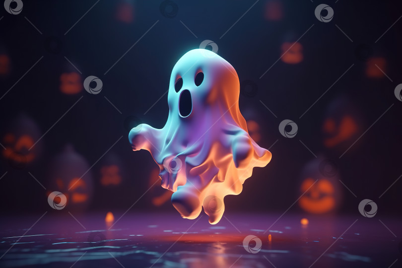 Скачать Забавный маленький левитирующий призрак в белой простыне, летающий милый дух мультяшной иллюстрации на Хэллоуин фотосток Ozero