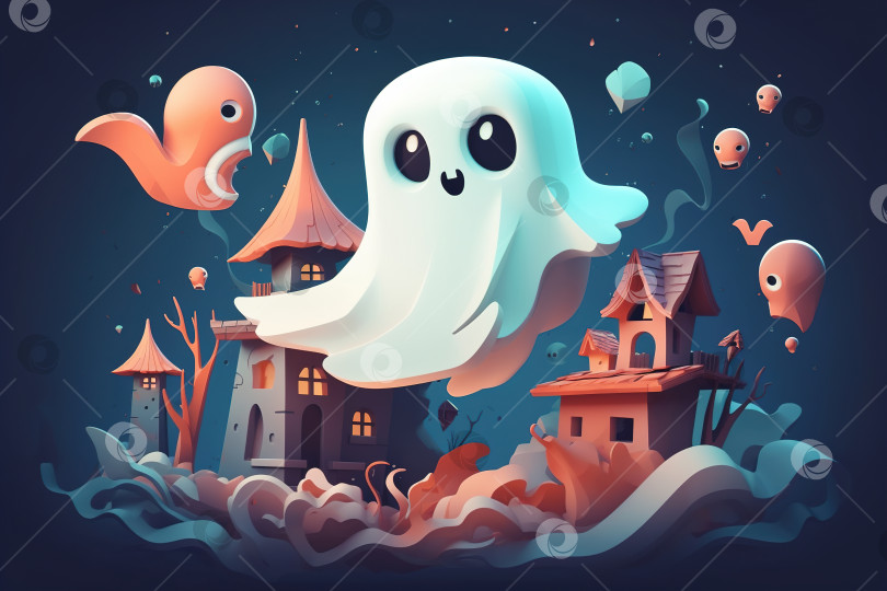 Скачать Милая забавная иллюстрация на Хэллоуин, призрак в белой простыне, летящий по воздуху фотосток Ozero