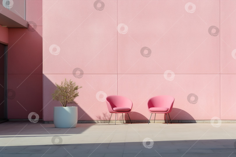 Скачать Розовый минималистичный декор внутреннего двора дома, стулья у стены в солнечный день фотосток Ozero