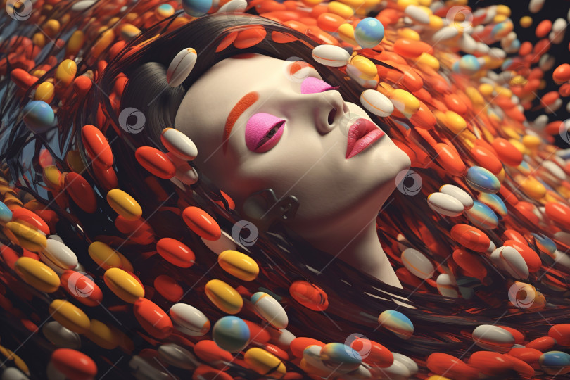 Скачать Красивая меланхоличная женщина с макияжем, лежащая в окружении цветных медицинских капсул-антидепрессантов фотосток Ozero