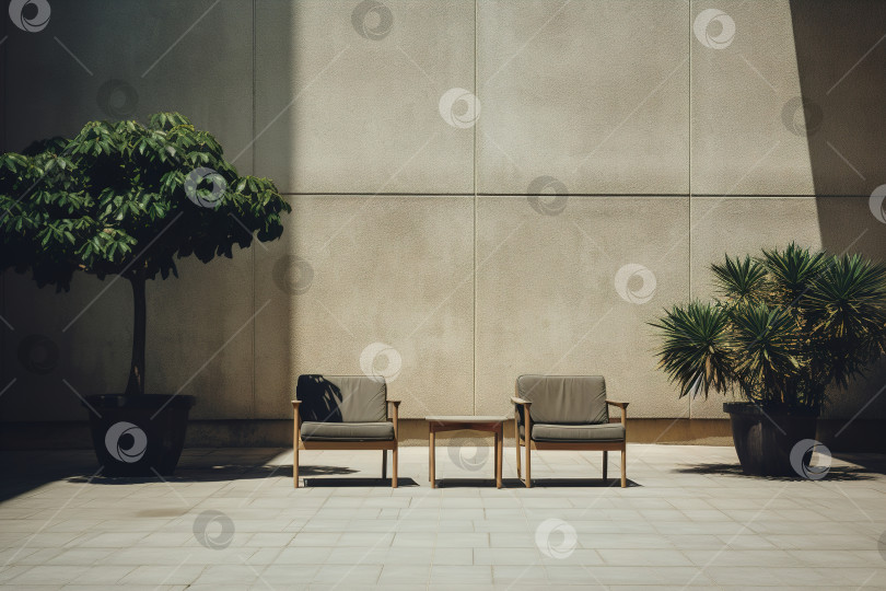 Скачать Зона отдыха на открытом воздухе, оформленная в минималистичном стиле. Вид спереди на стулья во внутреннем дворике, стол и деревья у стены фотосток Ozero