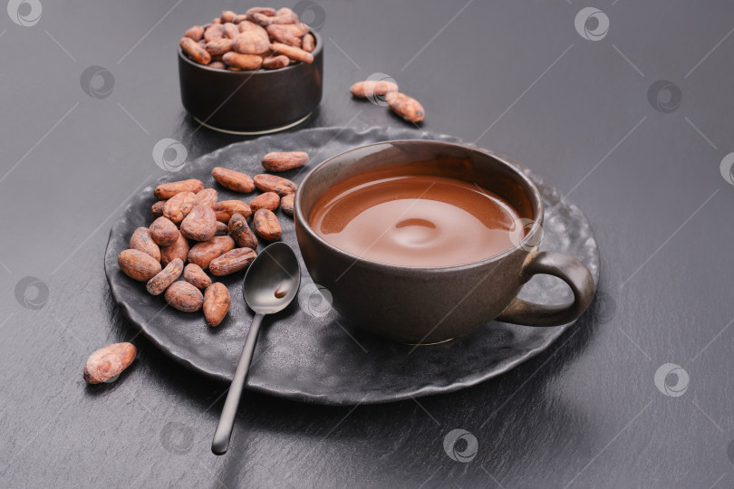 Скачать Какао-бобы на фоне черного сланца. Горячий жидкий шоколад в чашке. фотосток Ozero