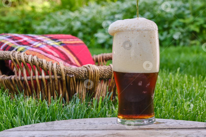 Скачать Бокал темного пива на пикнике на природе. фотосток Ozero
