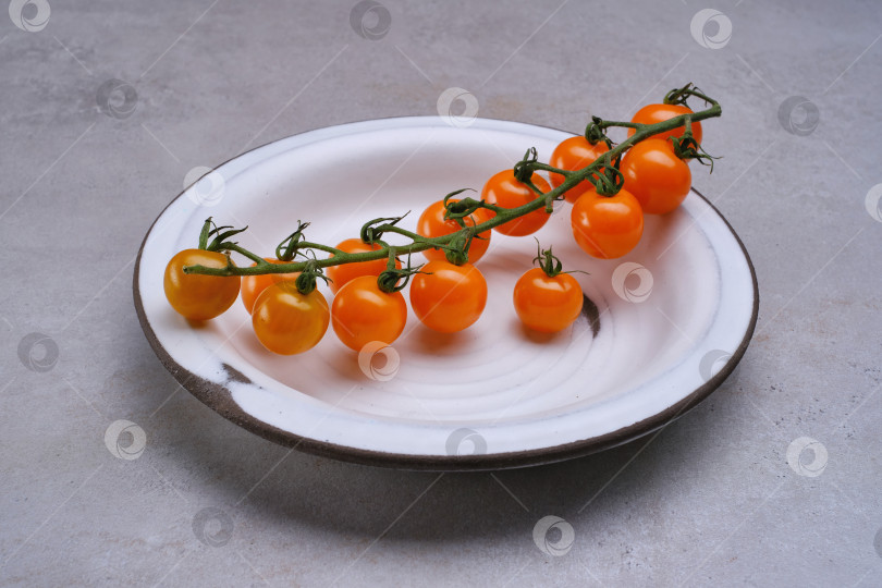 Скачать Желтые помидоры черри в белой фарфоровой тарелке на сером гранитном столе. фотосток Ozero