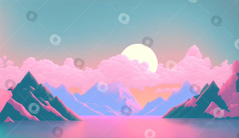 Скачать Спокойный и расслабляющий пейзаж с горами в стиле vaporwave. Розово-голубой вид в стиле 90-х. Сгенерированный искусственный интеллект. фотосток Ozero