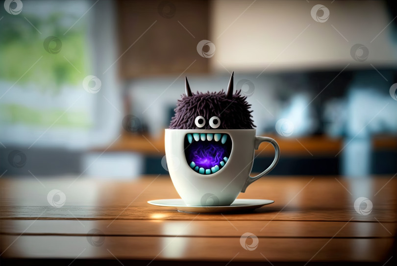 Скачать Кофейный монстр с безумными глазами. Симпатичный персонаж с кофеиновой энергией, очень возбужденный. Сгенерированный искусственный интеллект. фотосток Ozero