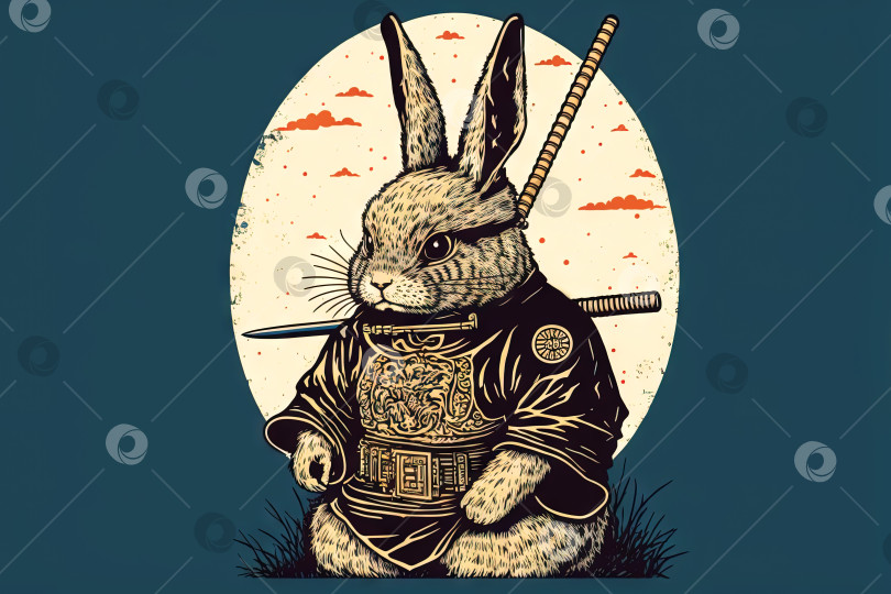 Скачать Кролик-самурай в традиционном стиле рисования. Рисунок в японском стиле с изображением воина-зайца в кимоно и самурая-кролика в традиционном стиле рисования. Рисунок в японском стиле с изображением воина-зайца в кимоно. Сгенерированный искусственный интеллект. фотосток Ozero