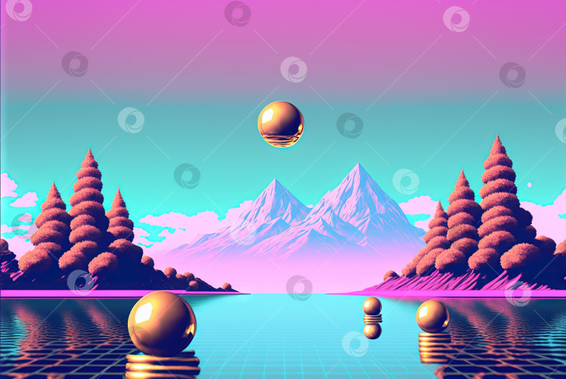 Скачать Абстрактная сцена паровой волны с золотым шаром на фоне пейзажа с горами. сюрреалистическая композиция в стиле 80-х годов в розовых и голубых тонах. Сгенерированный искусственный интеллект. фотосток Ozero